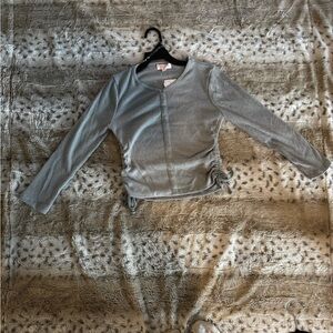 Poof! Light Gray Ribbed Long-Sleeve Button Front Top with Side Ties NWT